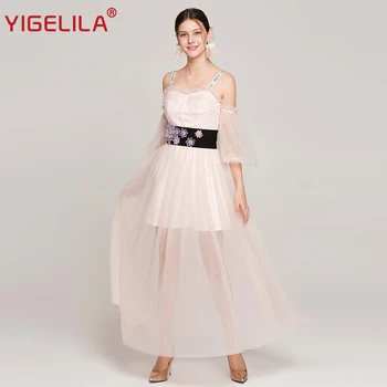 

YIGELILA Women Summer Pink Party Dress Fashion Slash Neck Lantern Sleeve Empire Slim Mesh Embroidery Long Dress Wedding 63852