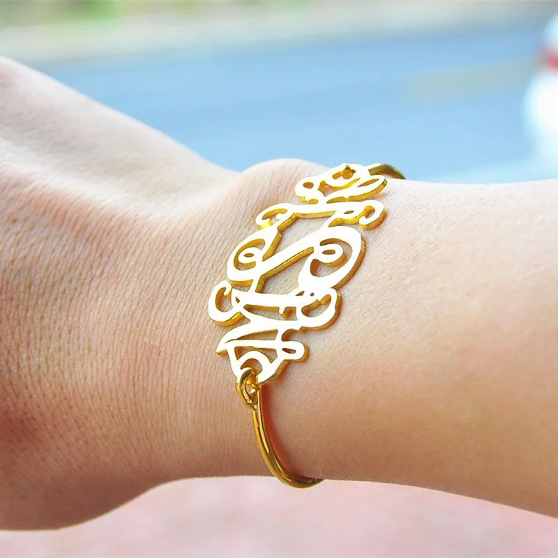

Personalized Monogram Bangle Bracelet Cut Out 3 Initial Big Statement Jewelry Christmas Gift