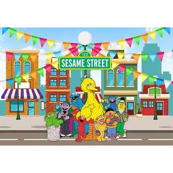 

Sesame Street Bckground For Photography Puppet Elmo With His Friends With Colourful House Backdrop For Kids Birthday Party Decor
