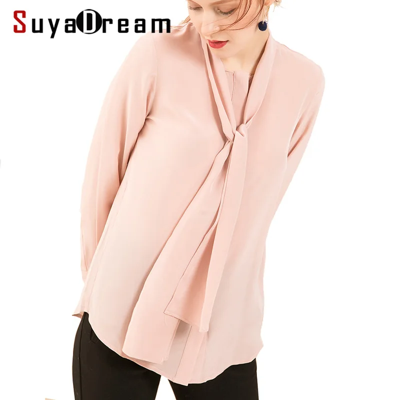 

REAL SILK Women T SHIRT Bow neck Solid Top shirt 100% Natural silk casual Top Blusas femininas 2019 New Pink White