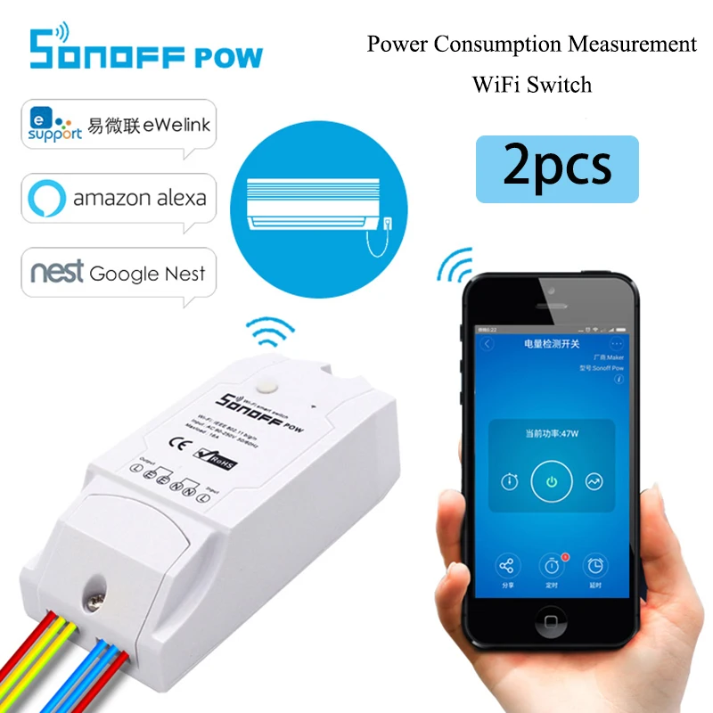 

2pcs Sonoff Pow WiFi Wireless Remote turn on/off Switch 16A 3500W Real Time Power Consumption Measurement Work with Alexa Nest