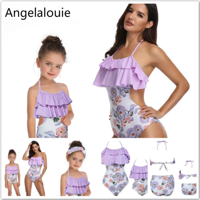 

2019New Summer Mother and Daughter Swimsuit Printing piece double lotus leaf Parent-Child Swimwear Family Matching Outfits