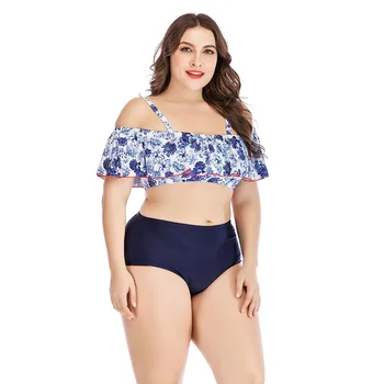 

Plus Size Swimwear Off 2019 The Shoulder Sexy Bikini Push Up High Waist Blue Swimming Suit for Women Print 2 Piece Floral