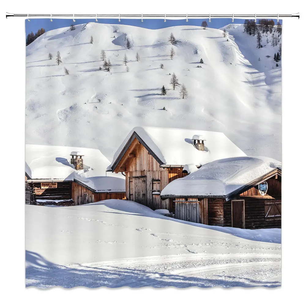 

White Snow View Cabin Orange Light Light Green Plant Bathroom Curtain Shower Curtain Waterproof Antifungal Polyester Fabric