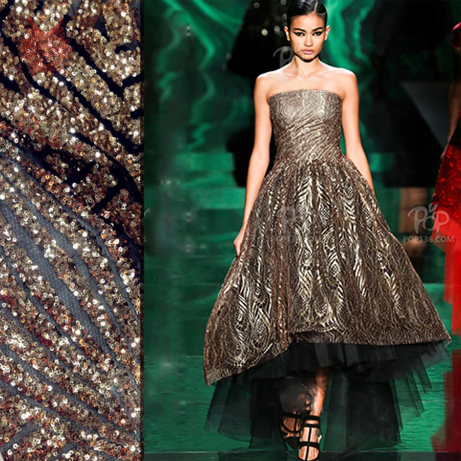 Buy Black gold stripe beading embroidery lace fabric