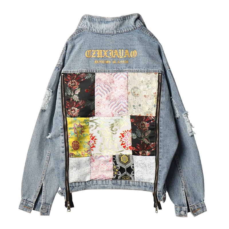 

Autumn Black Denim Jacket Women Europe American Street Unisex Print Zipper Ribbon Jacket Harajuku Personality Hip Hop Outerwear
