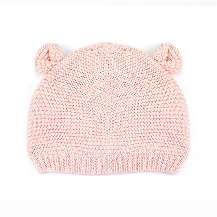 Хлопковая милая детская шапочка с медвежьими ушками, вязаная шапочка для девочек, мультяшная шапка для маленьких мальчиков, двухслойная вязаная шапка, весенняя - Цвет: Pink