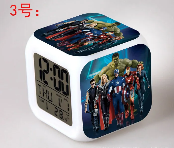 Светодиодный Будильник в спальню с изображением Мстителей Marvel, 7 цветов, цифровые часы-будильник для детской спальни, Прямая поставка