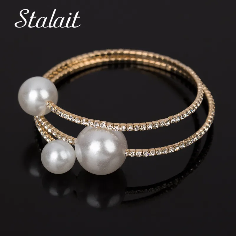 

Statement Big Fresh Pearl Elasticity Bracelets For Female Charm Gold Color Full Zircon Chain Bracelet＆Bangle Pulseras Mujer
