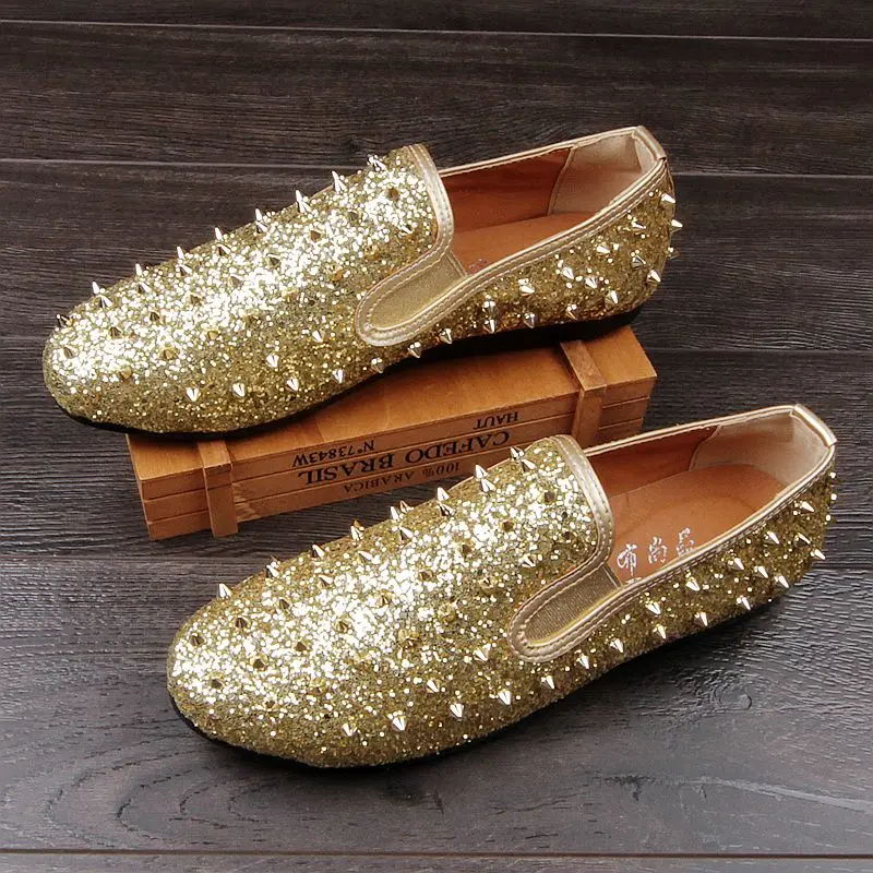 Personalized Men Gold Casual Shoes Fashion Tide Men Rivets Glitter Round Toe Slip On Loafer