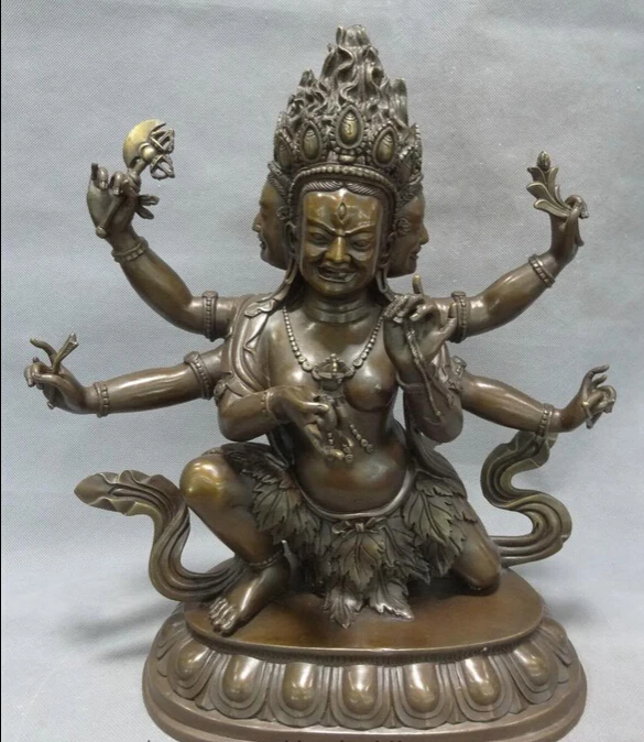 

xiuli 002788 15" Tibet Pure Bronze 3 Head 6 Arms Mahakala Buddha Ushnishavijaya Seat Statue
