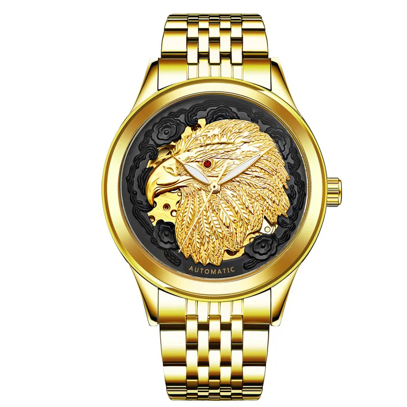 Новая мода Carve Eagle Dial Мужские автоматические часы люксовый бренд Полный Золотой стали механические скелет повседневные мужские часы - Цвет: 1