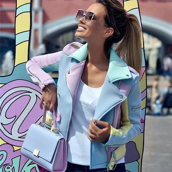 

Taotrees spring autumn Multicolor Spliced Diagonal Zipper Jackets Women Epaulet Design Turn-Down Collar Coat Ladies Basic Coat