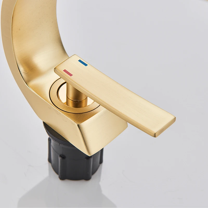 quyanre wanfan brushed gold basin faucet single handle mixer tap deck mount waterfall basin faucet