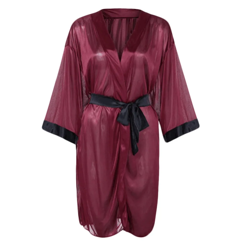 Женская сексуальная прозрачная одежда для сна, комплект из искусственного шелка, короткий рукав, кимоно, банный халат, одноцветная ночная рубашка с стринги, атласный пояс