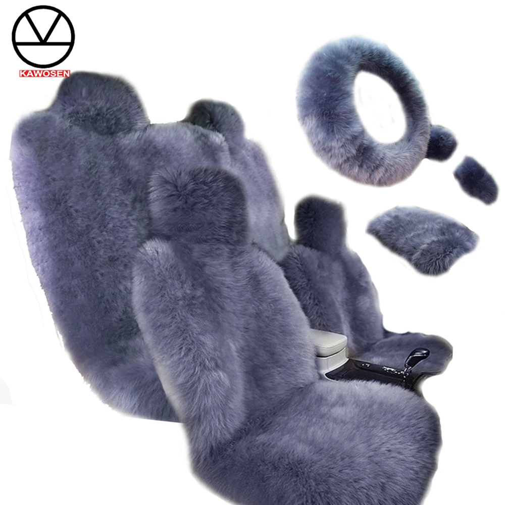 

KAWOSEN 7PSC/Set 100% Australian Pure Natural Fur Seat Cover for 5 Seats, Cute Wool Steering Wheel Cover Armrest Cover LWSS01