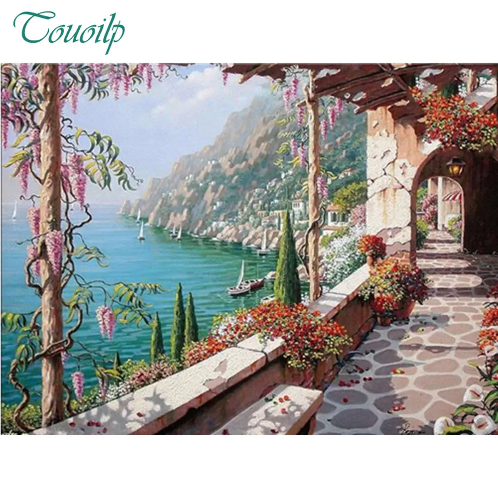 

5D Diy Diamond Painting 100% Full Round Diamond Mosaic Rhinestone Pasted Paiting Villa On Italy Unfinished Diamond Embroidery