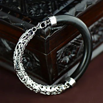

Genuine 925 Sterling Silver Thai Bracelet Black Sandalwood Bangles For Women Vintage Hollow Design Manchette Bracelet Femme