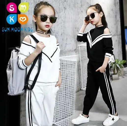 

tracksuit girls sports suits autumn clothes long sleeve sweatshirt +pants sets for girl black white clothing 9 10 12 14Y