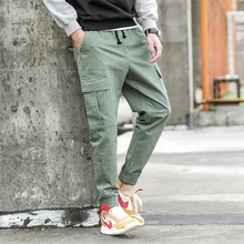 IXCUBIC весна корейский стиль больше карманов Drawstring моющийся комбинезон брюки мужские армейские зеленые повседневные свободные брюки-карго мужчины, m-xxl