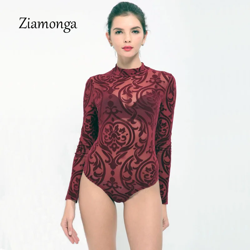 Ziamonga See Through Sexy Bodysuit Women Rompers Bodycon Jumpsuit Transparent Bodysuits Women Long Sleeve Mesh Bodysuit C2915