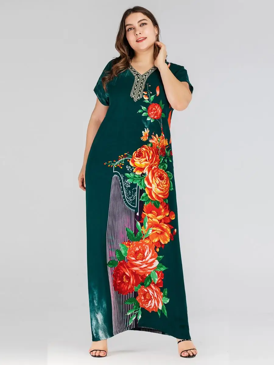 Женское платье с коротким рукавом Boho длинное большого размера цветочным принтом