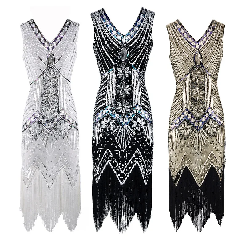 

XS-XXXL Vintage 1920s Flapper Great Gatsby Dress Spring Summer Fancy Costumes V-Neck Cap Sleeve Sequin Fringe Party Midi Dresses