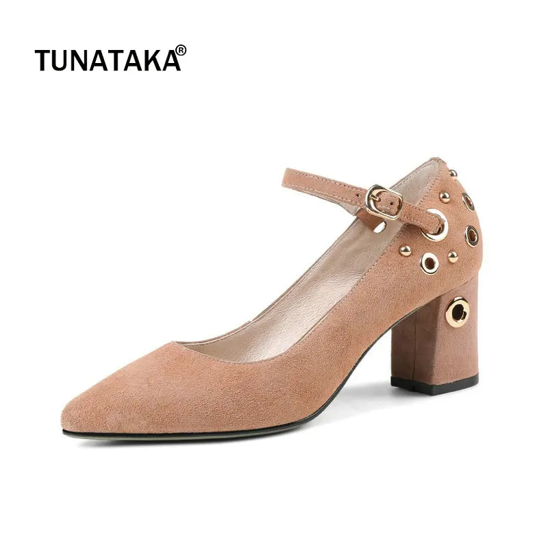 

Suede Comfort Square High Heel Pointed Toe Woman Ankle Strap Pumps Fashion Buckle Dress High Heel Shoes Woman Black Pink