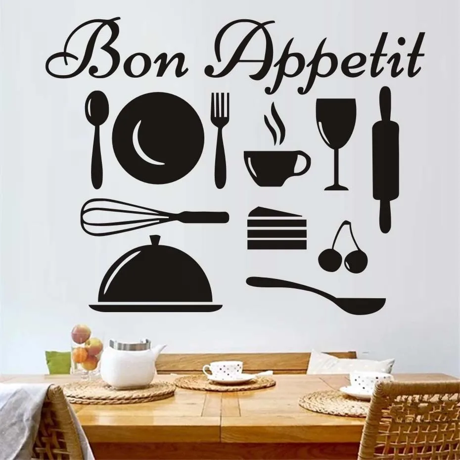 Bon Appetit French Vinyl Wall Decal,Kitchenware Art, Kitchen Wall Sticker Art, Removable Diy Wall Cling Murals Home Decor