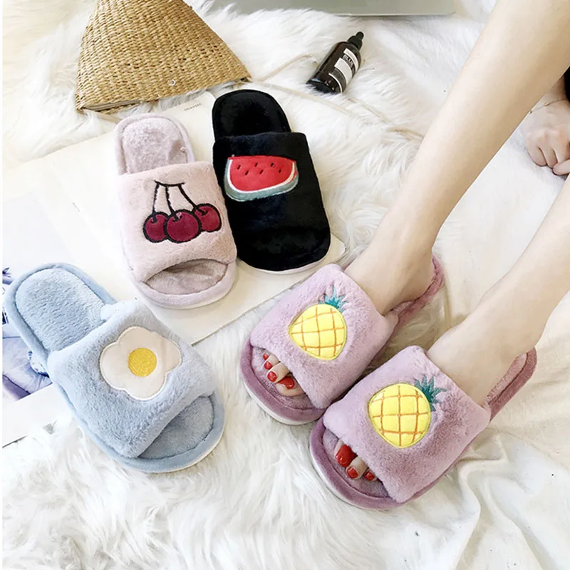 

Womens Fur Slippers Cute Fruits Platform Non Slip Home Flip Flop Short Plush Laides Mules Indoor Bedroom Warm Cotton Shoes 9900W