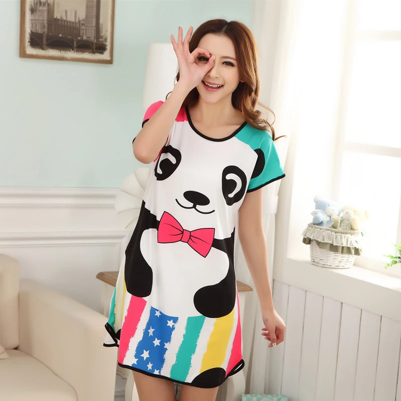 Пижамы для женщин, короткий рукав, платье для сна с рисунком, Милая Ночная рубашка, пижама для девочек - Цвет: Panda2