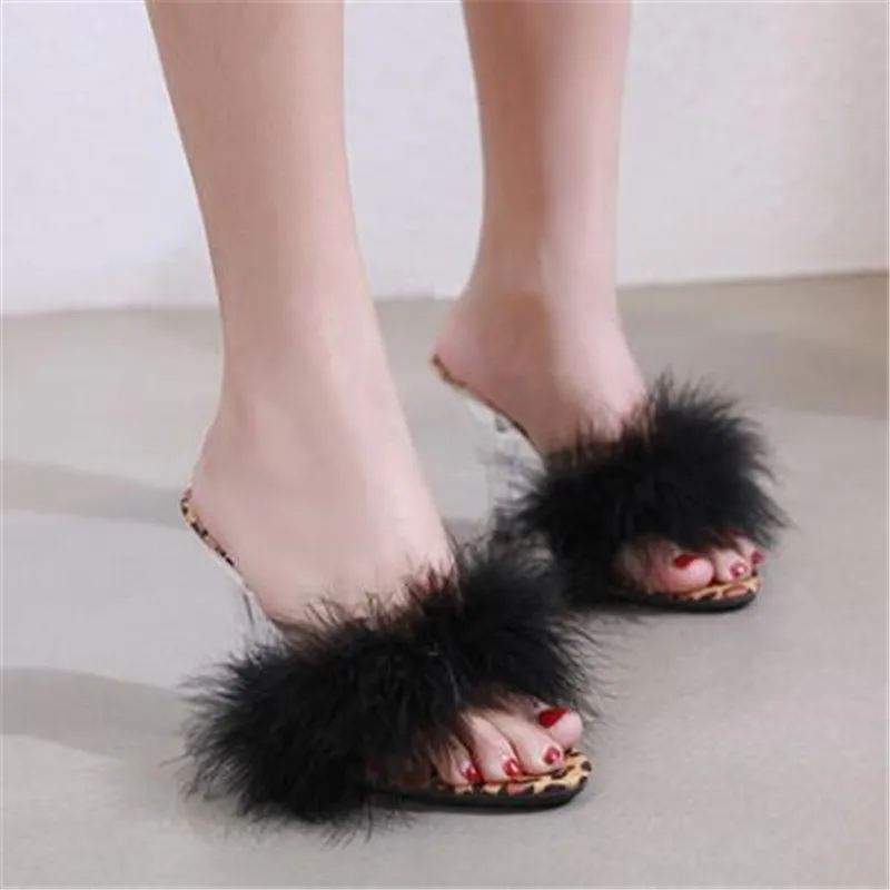 

FeiYiTu Shoes Woman Summer Sandals Feather Slides High heels 7/10cm Model Catwalk Transparent Glass Crystal Leopard Slippers