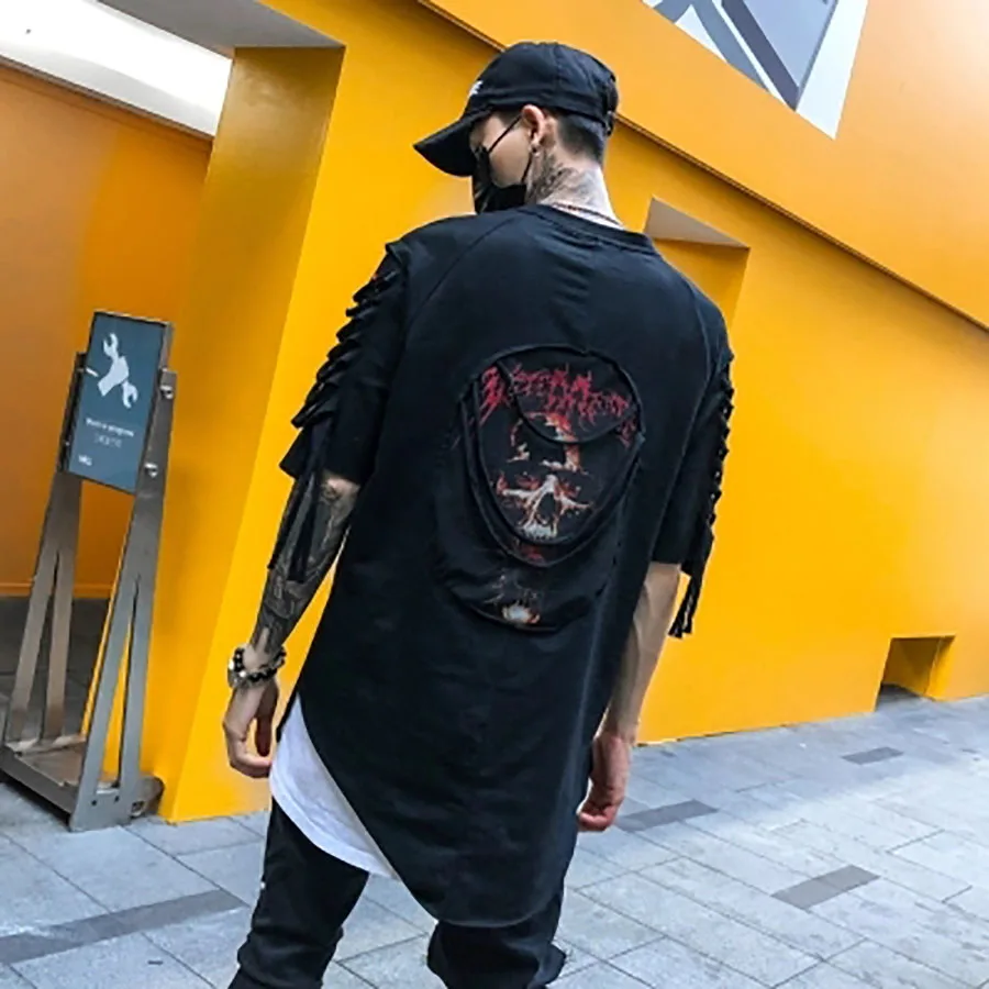 Ripped t Shirts Men Punk Rock Rave t Shirt Psychedelic Hiphop Street Camisa Swag Rasgados Vintage Rap Mens Clothing Baggy DX533