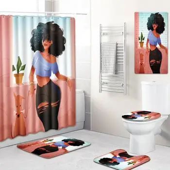 

5PCS African Girl Printing Shower Curtain/Bath Mat/Toilet Pad Cover Set Waterproof Toilet Pattern Carpet Flannel Bath Mat