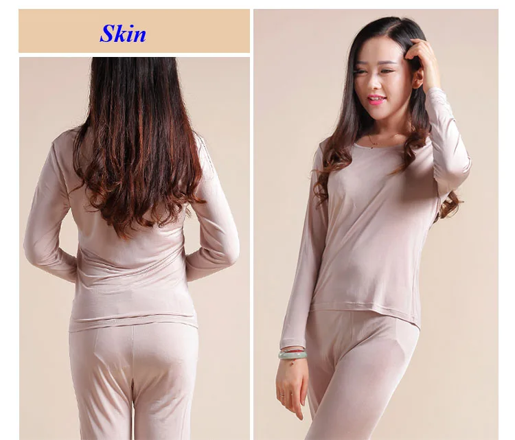 100% Silk Knitted Lady Round Neckline Long Johns Double-faced Knitted Pure Silk Long Sleeve Underwear Set Women With Gift Mask