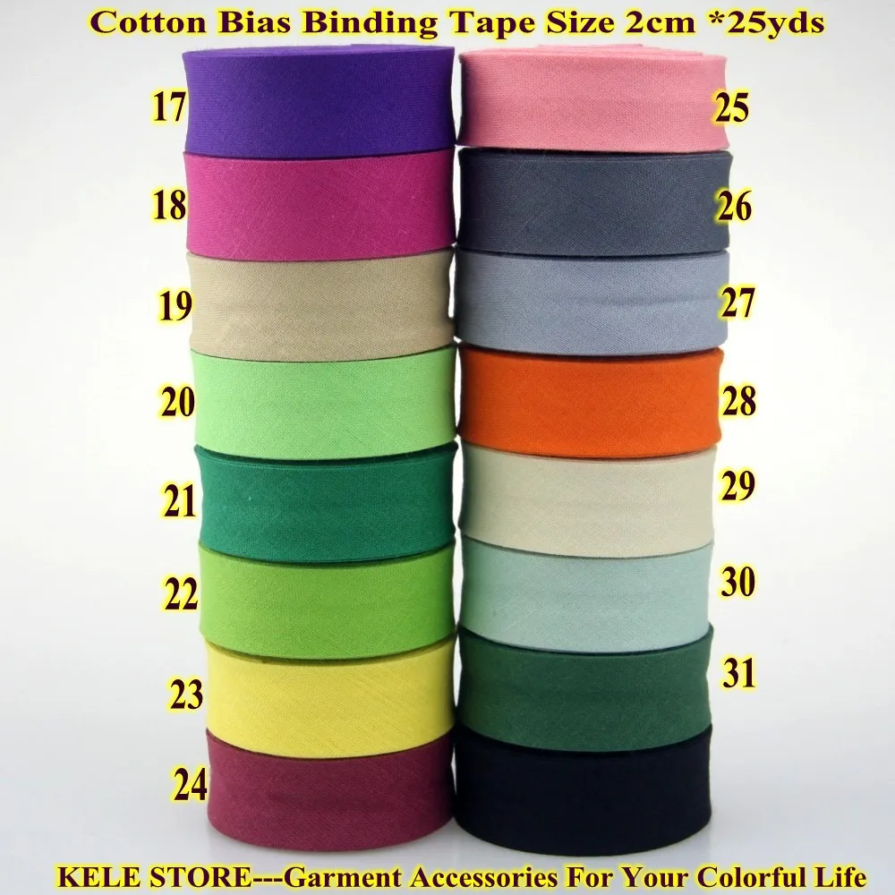 

Free shipping-100% Cotton Bias tape,size: 20mm, width:3/4",12 color.25yds fold tape,DIY material $4/lot wholesales,solid color