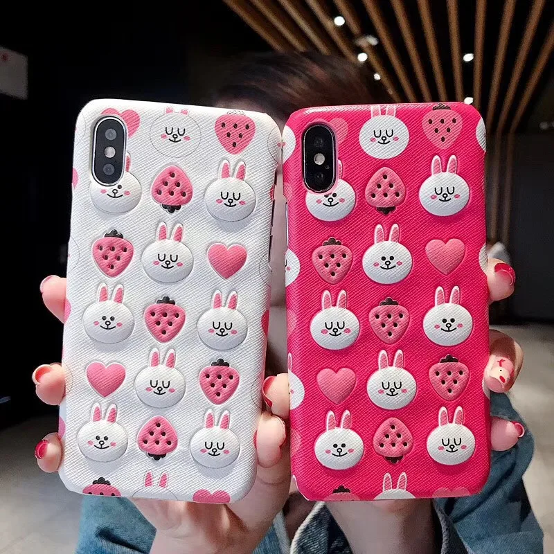 

Lovely Rabbit Three-dimensional carving skin Phone Case For iphone X XS MAX XR 6 6s 7 8 plus Fur Bunny Strawberry Back Cover