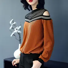 Лидер продаж Новое поступление Весна Женская мода свободного покроя с длинными рукавами и круглым вырезом с открытыми плечами T рубашка, топы женские перфорацией на голенище, футболки