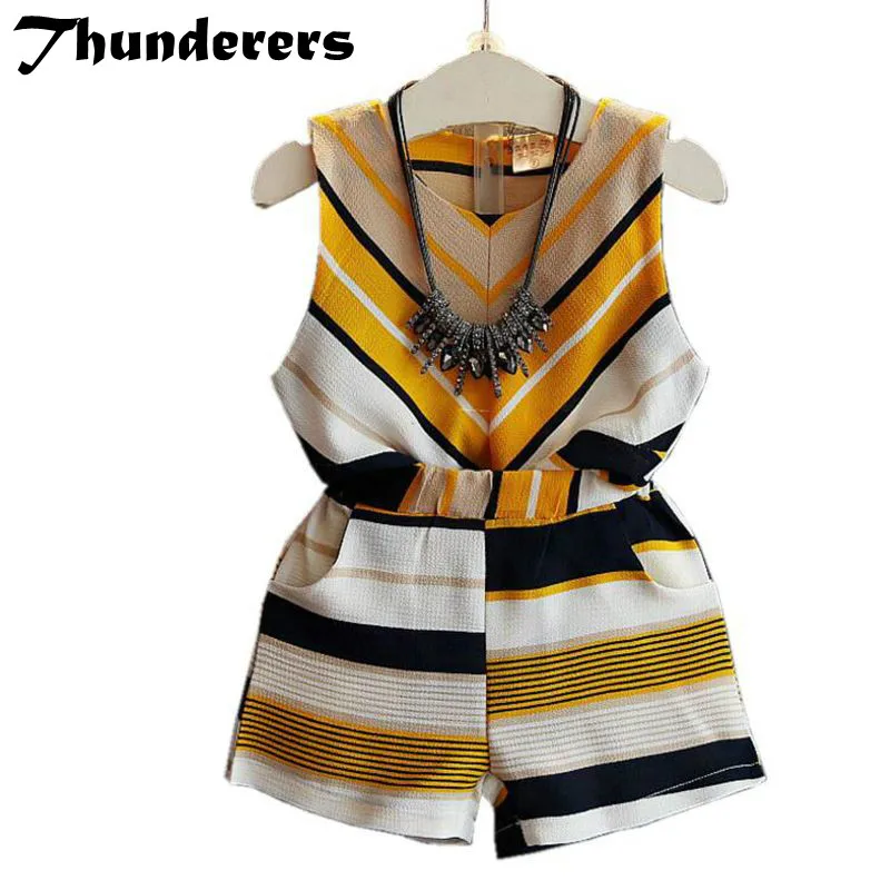 

Summer Girls Clothing Sets Baby Toddler Kids Girl Clothes Striped Sleeveless Blouse Tops+Short Pants 2Pcs Suit
