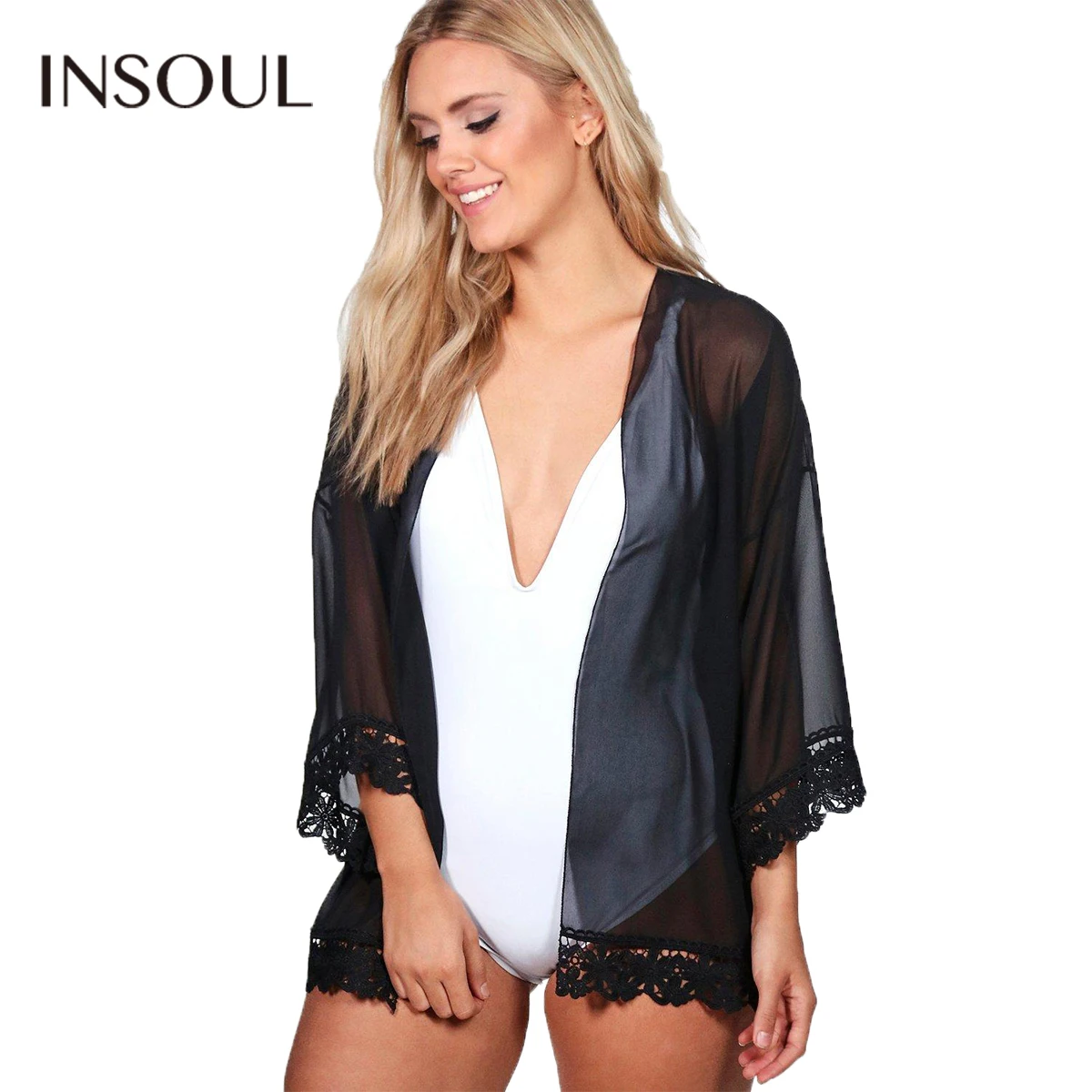 Insoul мода плюс Размеры сплошной черный Для женщин Кружево Кардиганы для mesh sheer с