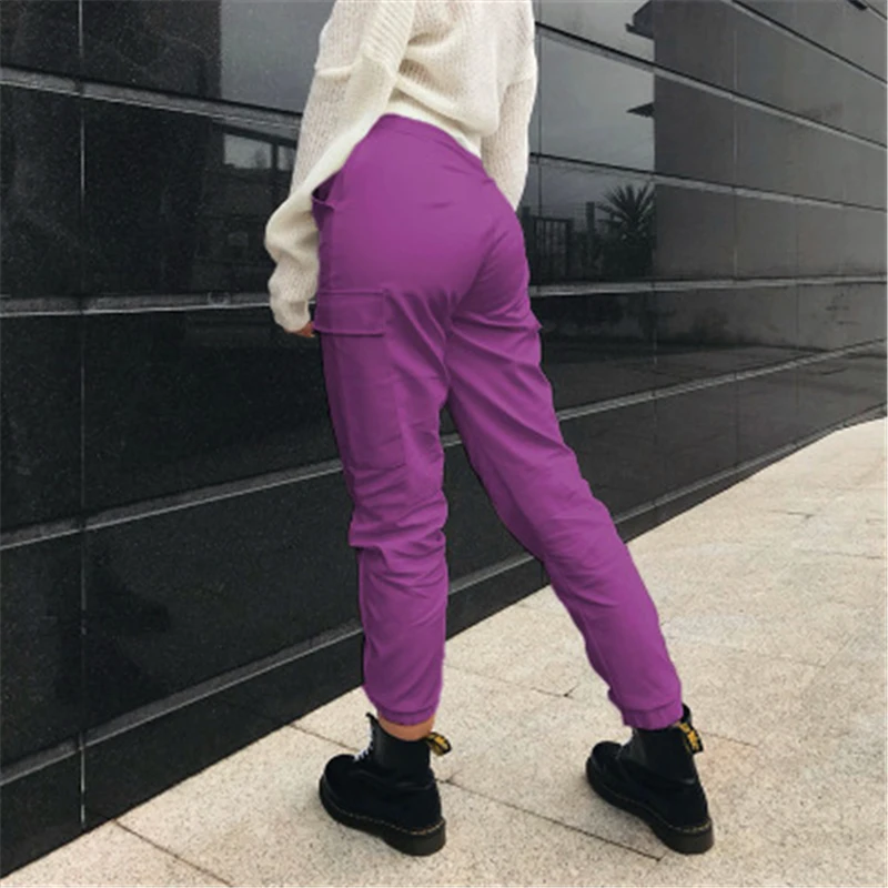 Femme Hop cordón Pantalon Bares Hip Alta Fucsia Pantalones Punk Dos X27s Ancha De Pierna Mujeres Púrpura Estilo Cintura 4FZxw