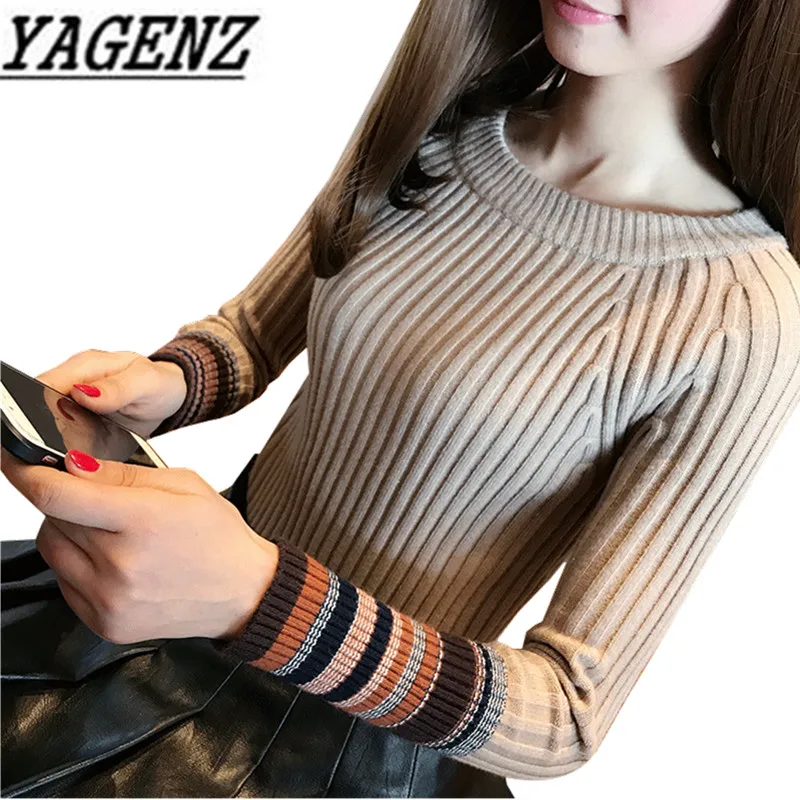 

Hot sale 2018 Spring Autumn Women Pullover Short Sweaters Top Korea O neck Slim Knitted Coat Patchwork Sexy Female Sweater Shirt