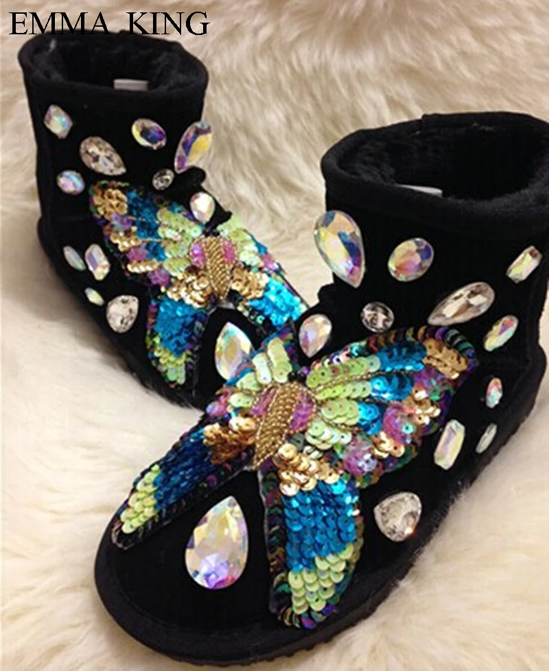 

Handmade Customed Women Shoes Winter Bling Rhinestone Butterfly Women Flats Warm Plush Snow Boots Slip on Ankle Boots Big Size42