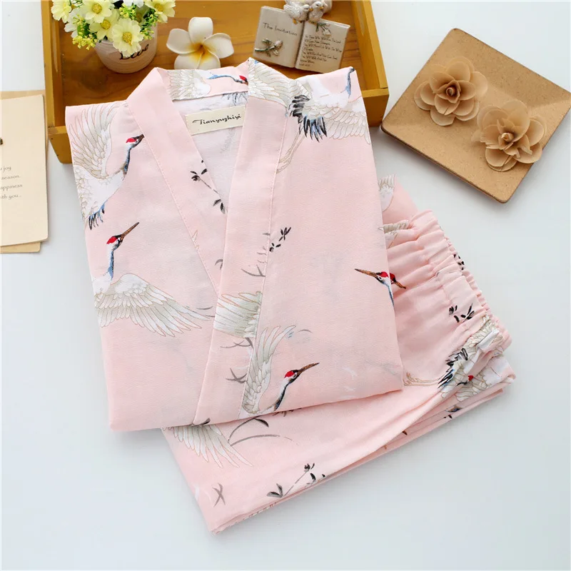 Women's Yukata Japanese Kimono Robes Pajamas Sets Cotton Dress Shorts Pants Nightgown Sleepwear Bathrobe Leisure Wear Homewear