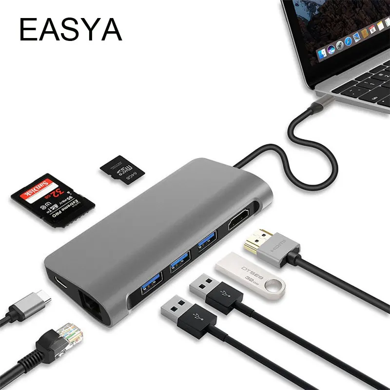 

EASYA 8-in-1 Thunderbolt 3 USB Type C Hub to HDMI 4K Rj45 1000M Adapter support Dex PD for Samsung S8/S9/NOTE8/NOTE9