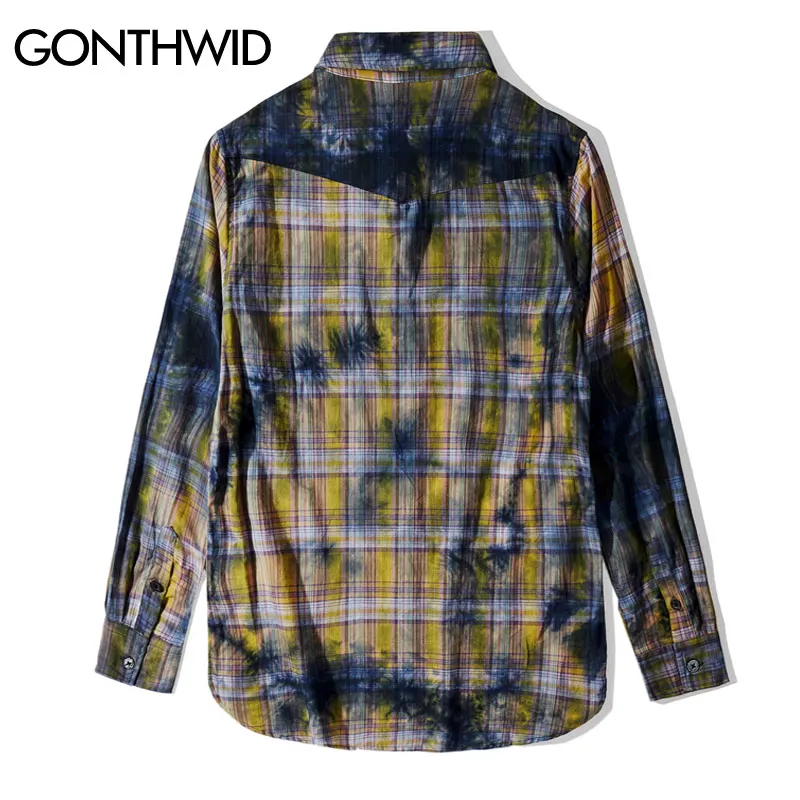 GONTHWID Distressed Tie Dye клетчатые рубашки с длинными рукавами хип хоп панк Рок уличная рубашка модная повседневная верхняя одежда мужская блузка из хипстера