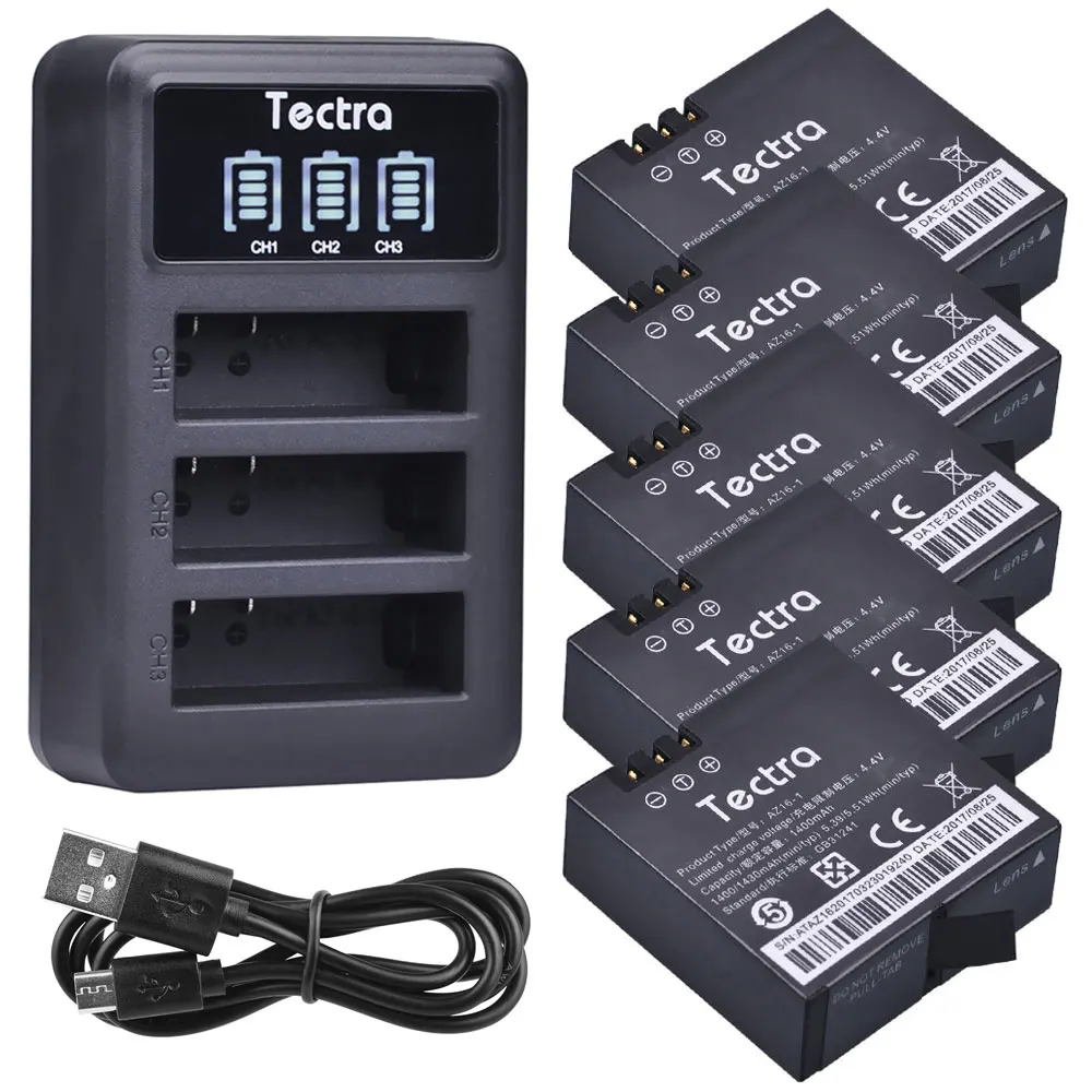 

Tectra 5pcs 1400mAh AZ16-1 Li-ion Battery for Xiao mi yi 4k 4k+ Action Camera 2 Battery+LED USB 3-Slot Charger+battery boxes
