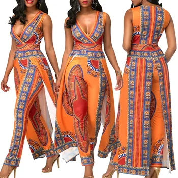 

sleeveless African print women jumpsuits romper 2020 autumn sexy deep v neck orange Elastic tunic party club bandage macacao hot