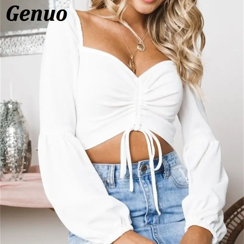 

Genuo Bandage Knitting Women Crop Tops 2018 Sexy V Neck Long Sleeve Pullover Jumper Tees Casual Lace Up Knitwear