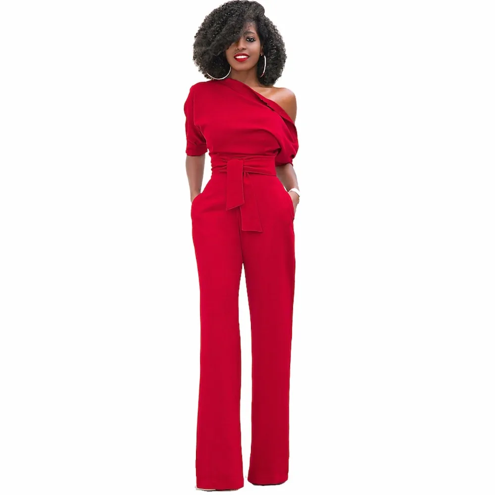 Red/Black/Blue/Yellow/Wine Women Jumpsuit Oblique Shoulder Belted